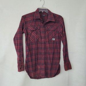 Pink + Dolphin Shirt‎ Mens S Flannel Red Plaid Distressed Long Sleeve Button Up